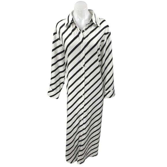 Eloquii Black White Striped Long Sleeve Slit Belted Button Maxi Shirt Dress 14 - Picture 1 of 7